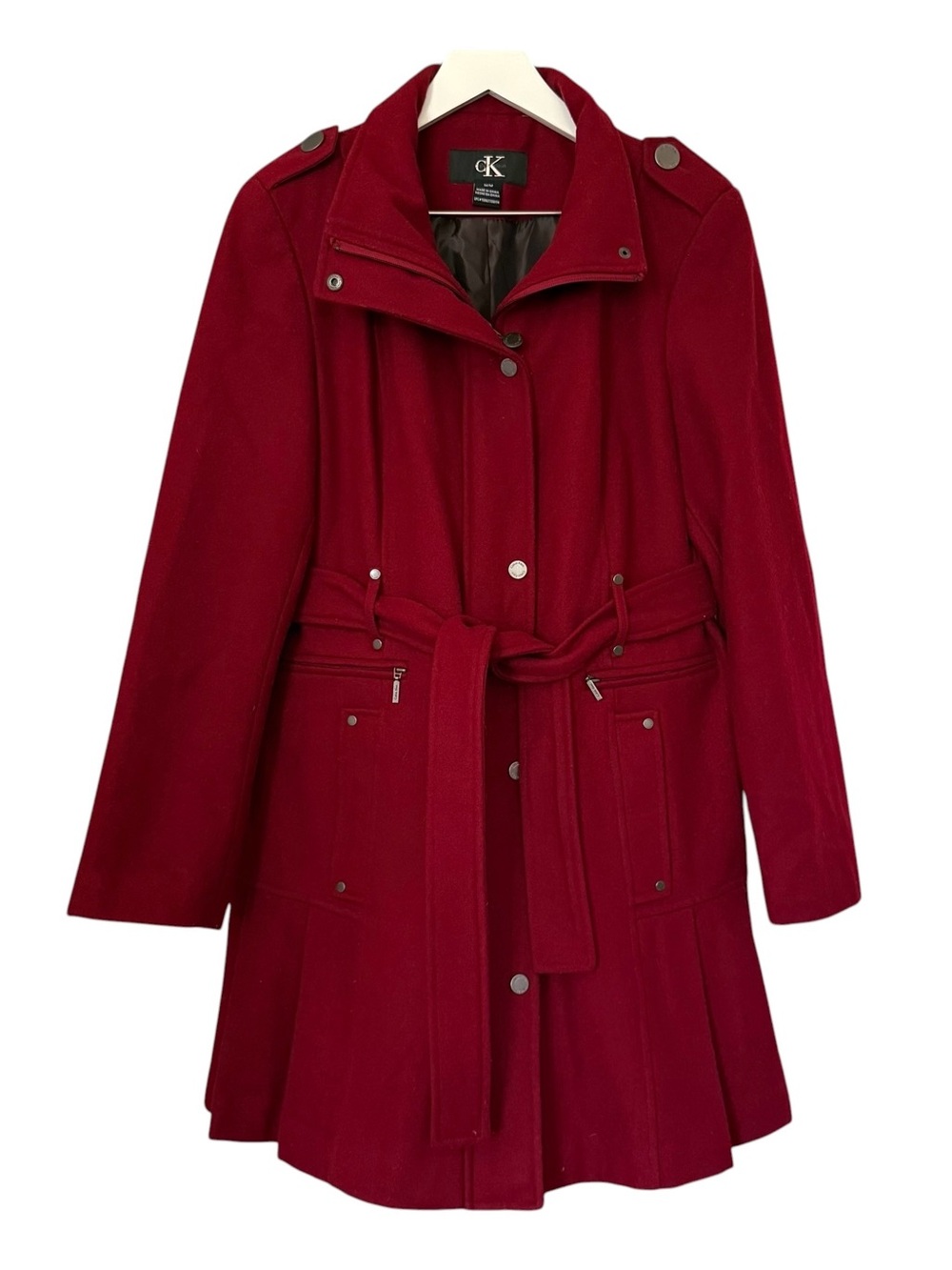 CK Calvin Klein Red Wool Blend Belted Trench Coat Women's Size Medium